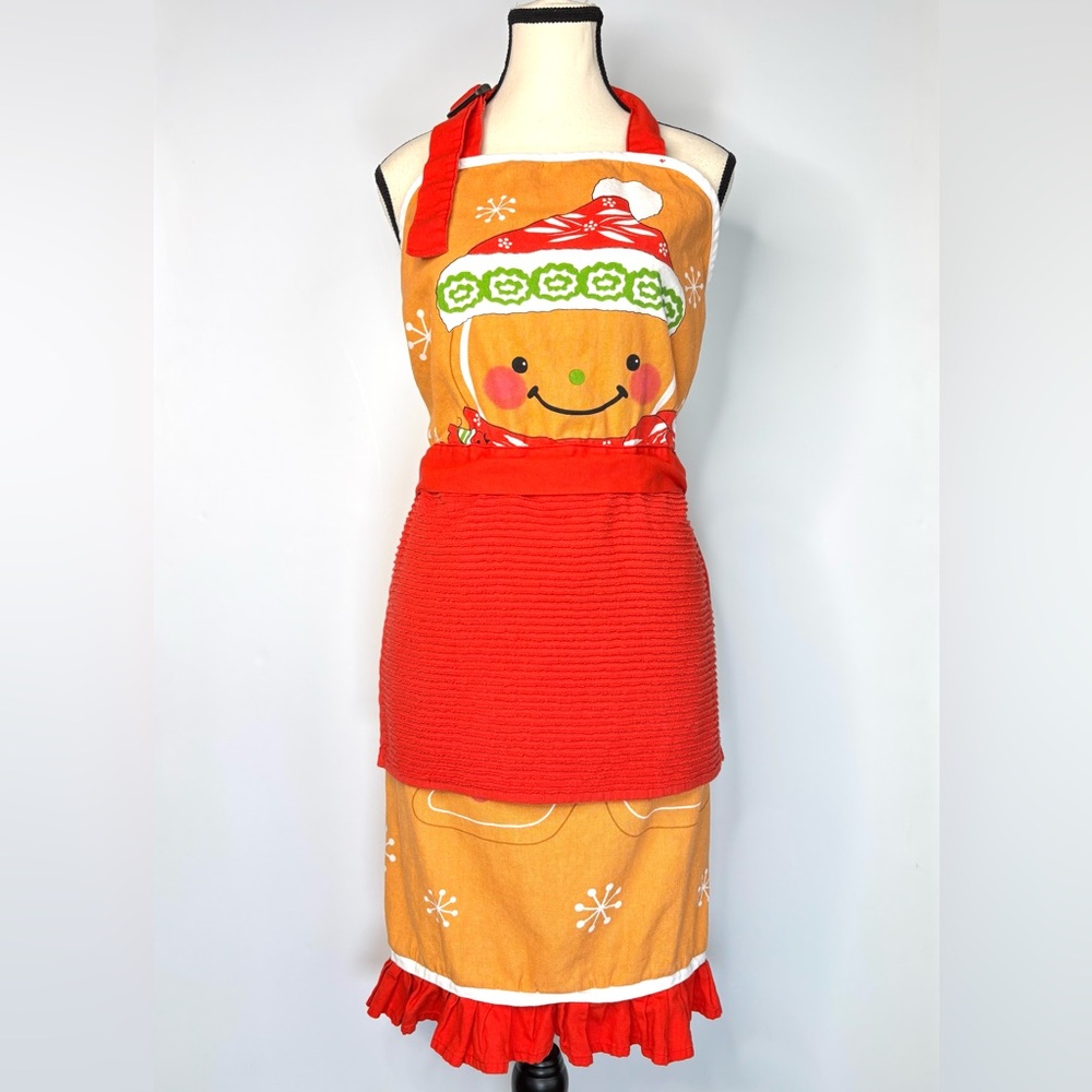 MU Kitchen Gingerbread Man Red Holiday Adjustable Apron‎ Button-on Towel OS